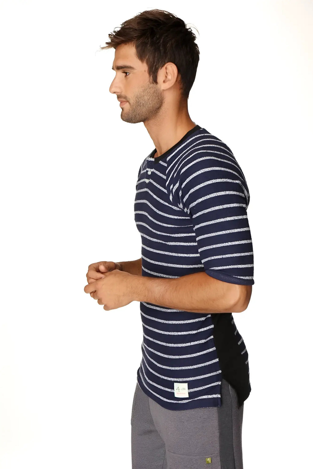Navy blue and white striped 4-rth mens vintage-stripe henley tee with black side panel in french terry loop fabric