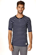 Navy blue and white striped short-sleeved henley tee with black ribbed collar and cuffs in french terry loop by 4-rth