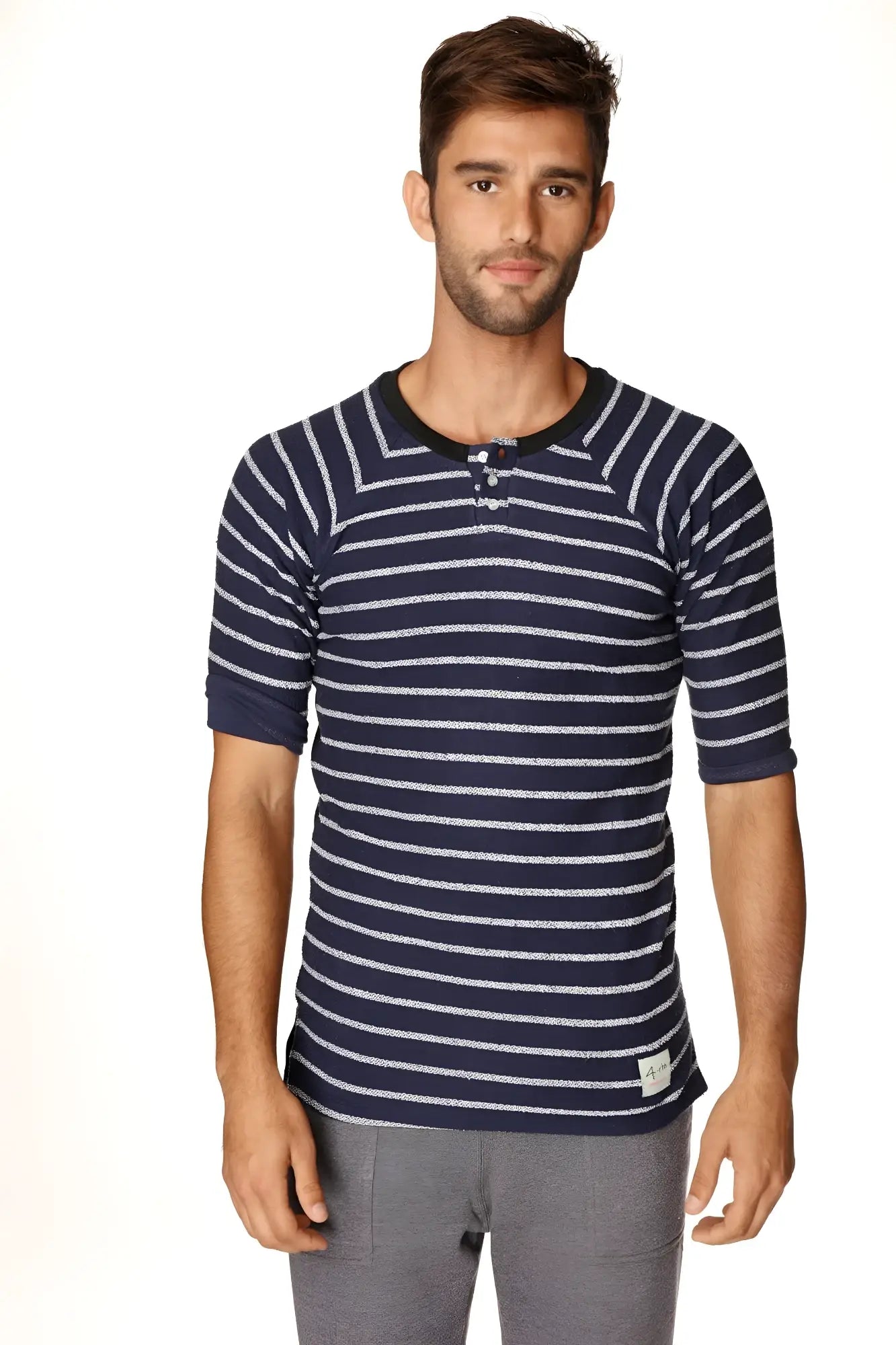 Navy blue and white striped short-sleeved henley tee with black ribbed collar and cuffs in french terry loop by 4-rth