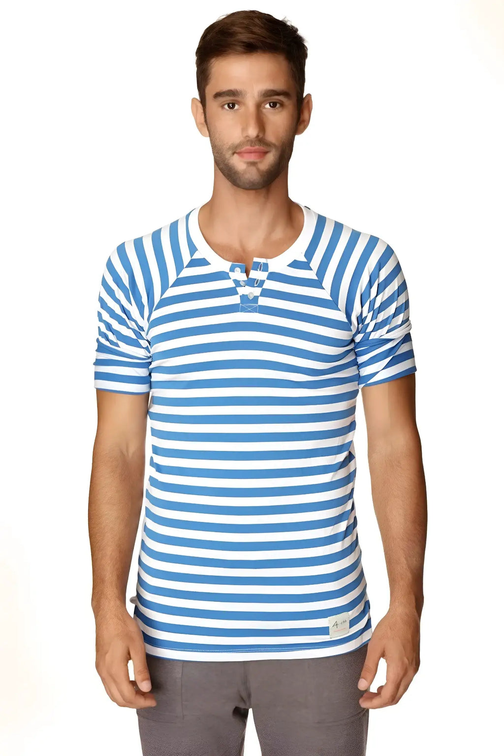 Blue and white stripe short-sleeved henley tee with buttoned placket perfect for nautical and resort wear