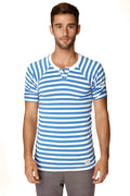 Blue and white stripe short-sleeved henley tee with buttoned placket perfect for nautical and resort wear