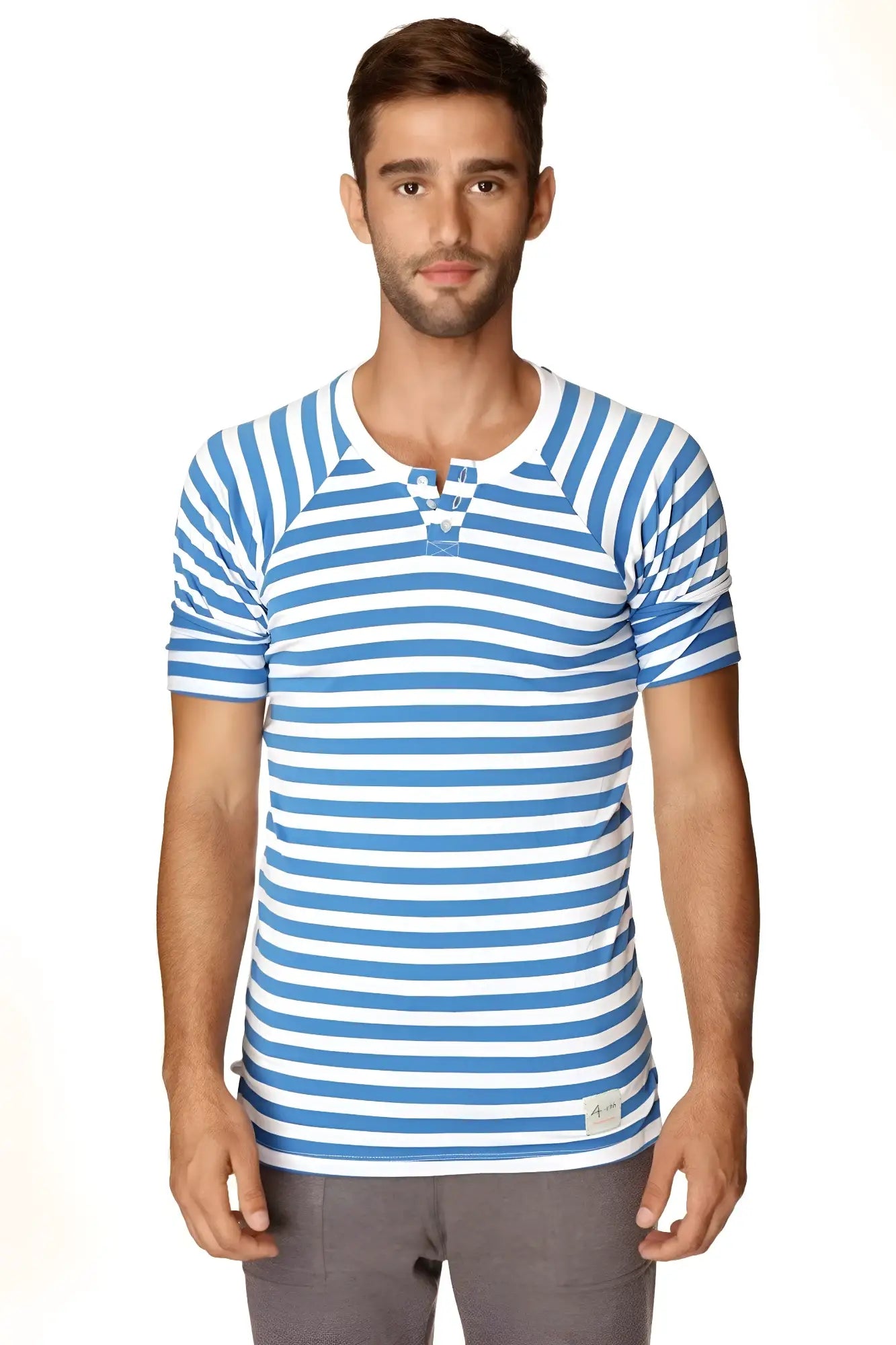 Blue and white stripe short-sleeved henley tee with buttoned placket perfect for nautical and resort wear