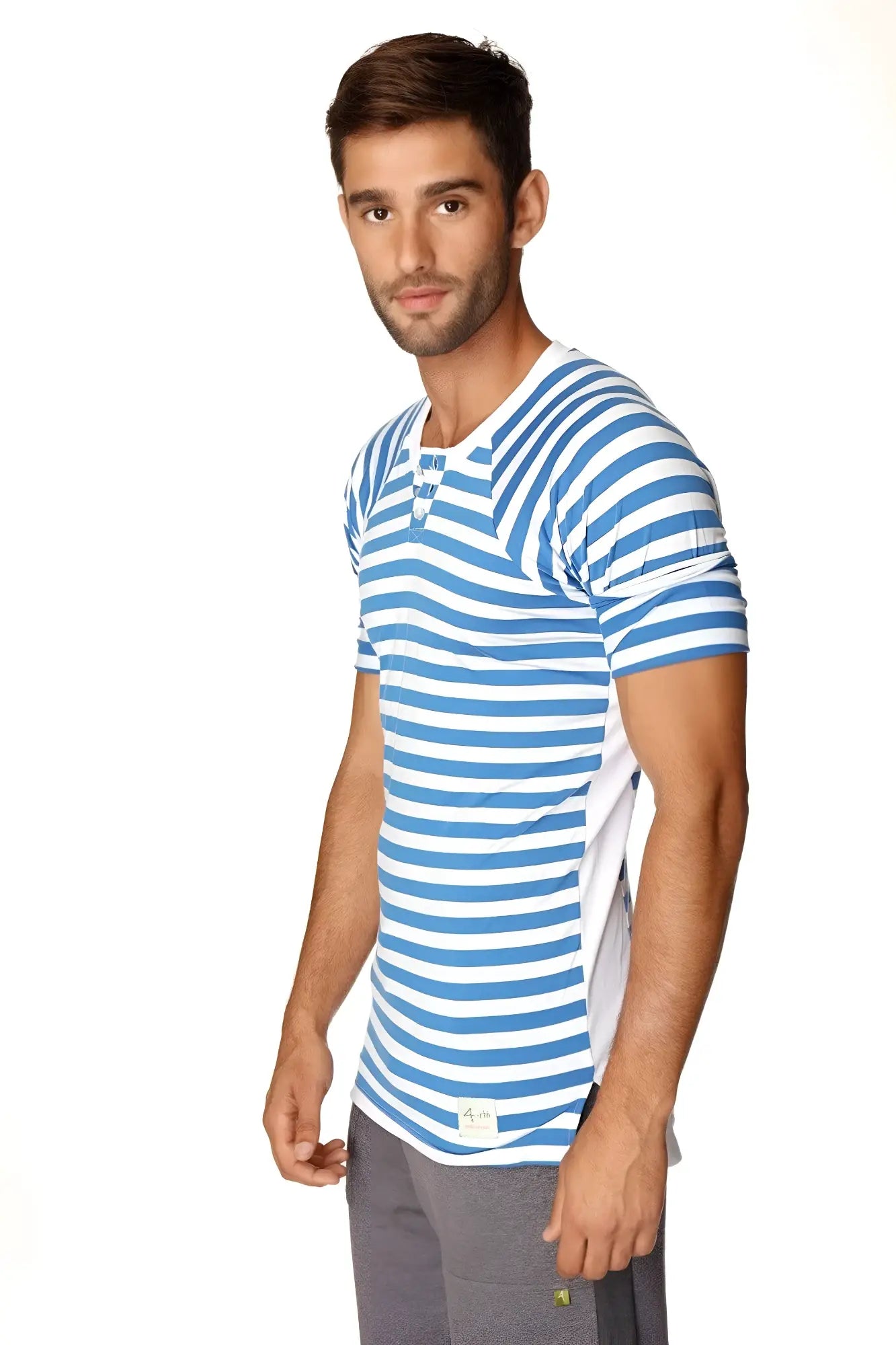 Blue and white striped short-sleeved henley tee with buttoned placket in breathable fabric for casual wear