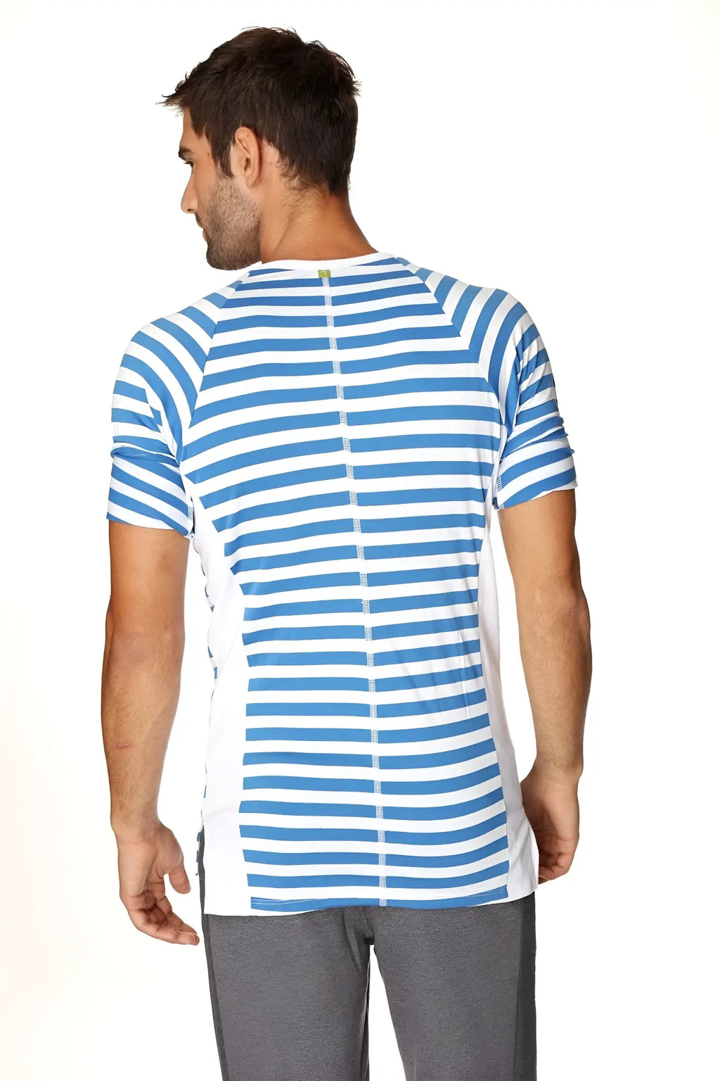 Back view of nautical raglan resort henley tee in blue and white stripe with a central zipper on the back