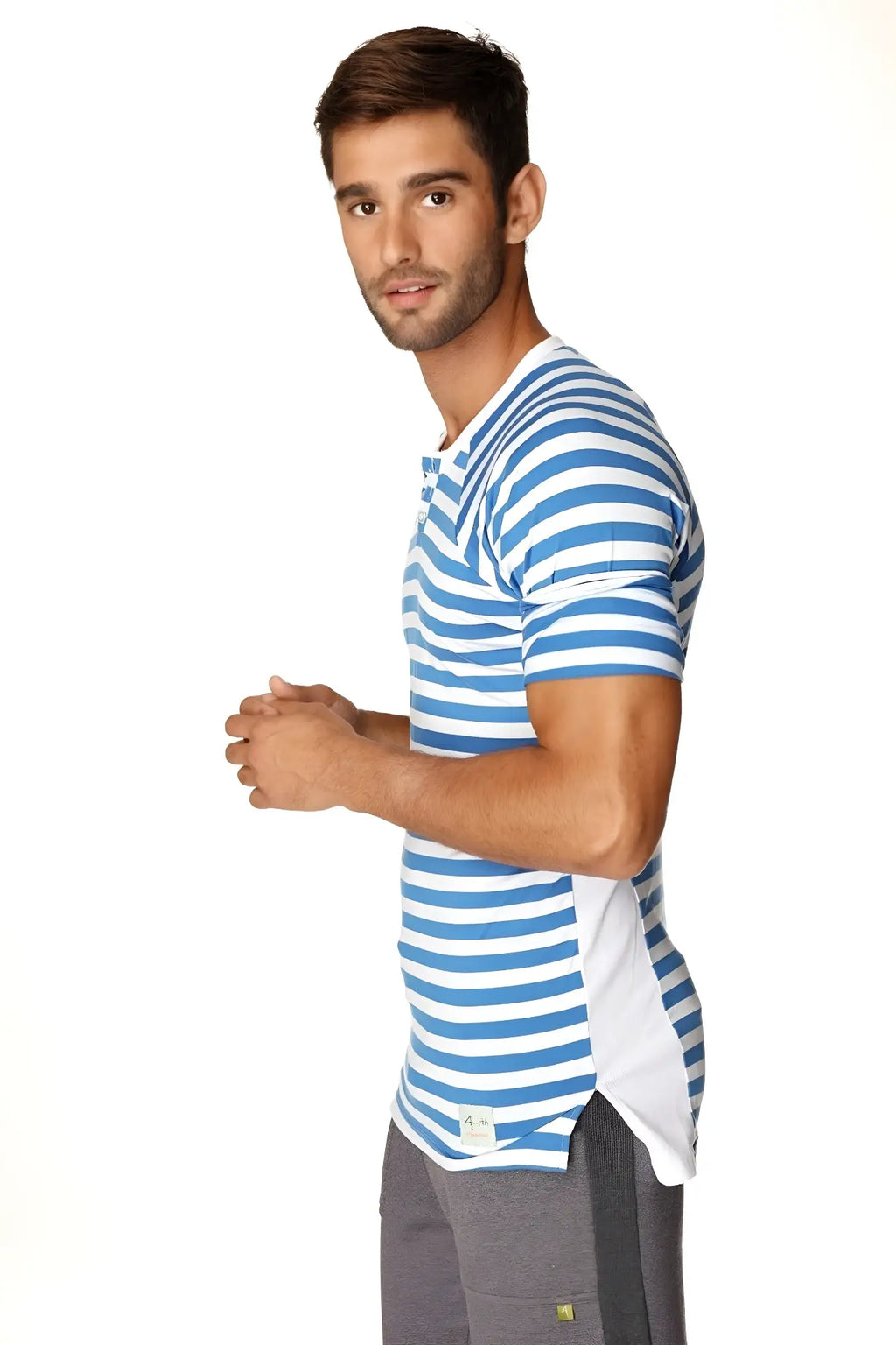 Blue and white striped short-sleeved henley shirt with side slit detail nautical raglan resort henley tee