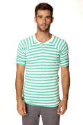 A men’s short-sleeved henley shirt with mint green and white stripes and buttoned neckline placket