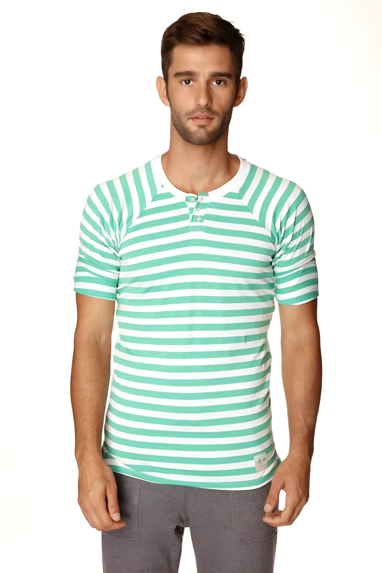 A men’s short-sleeved henley shirt with mint green and white stripes and buttoned neckline placket