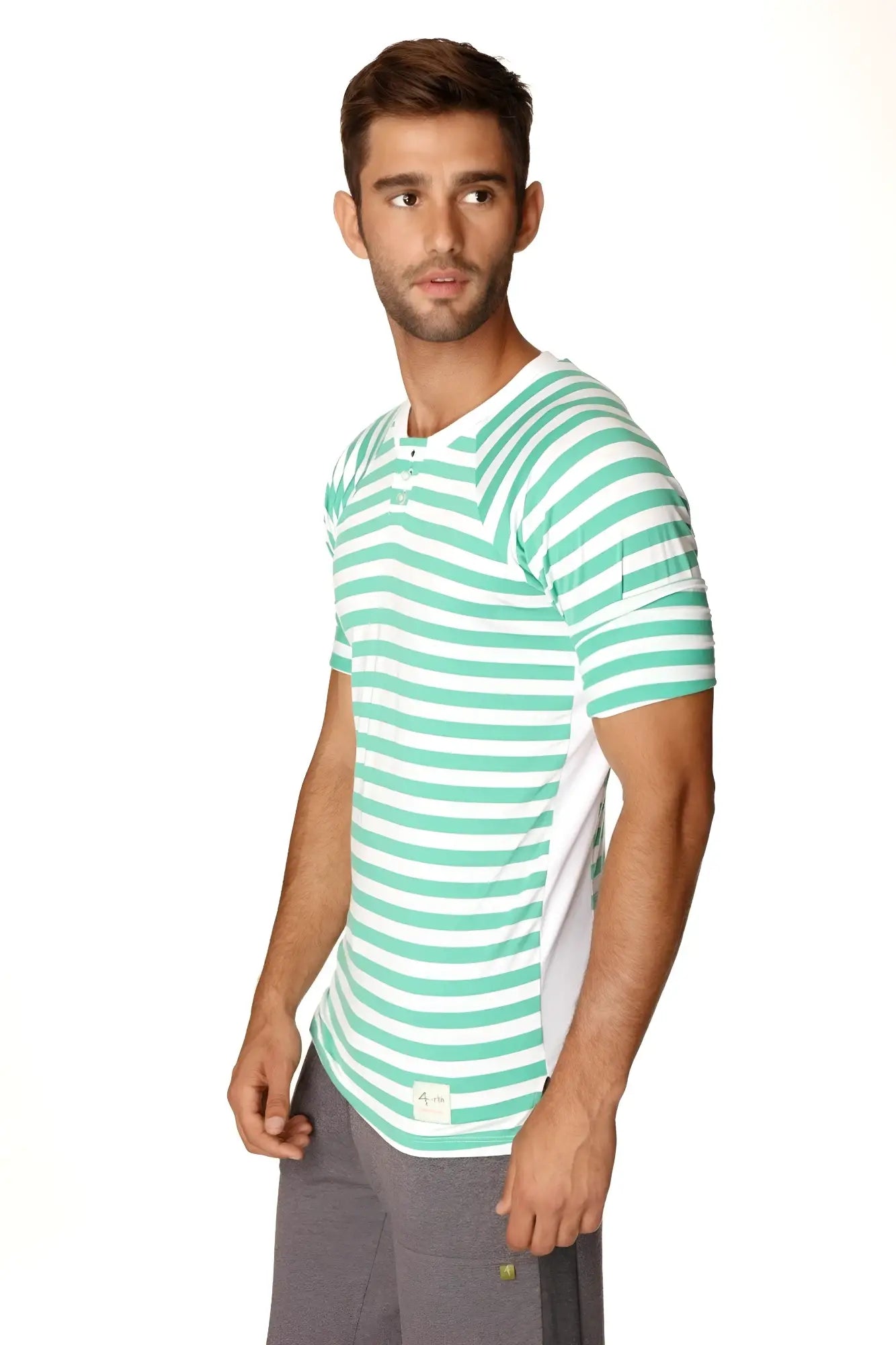 A men’s short-sleeved henley shirt with horizontal mint green and white stripes and a white side panel