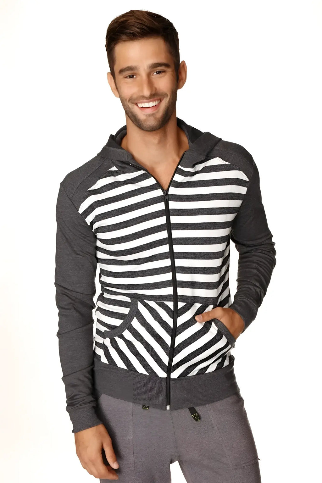 Men’s form-fit crossover yoga track performance fleece hoodie charcoal stripe with black and white chest stripes