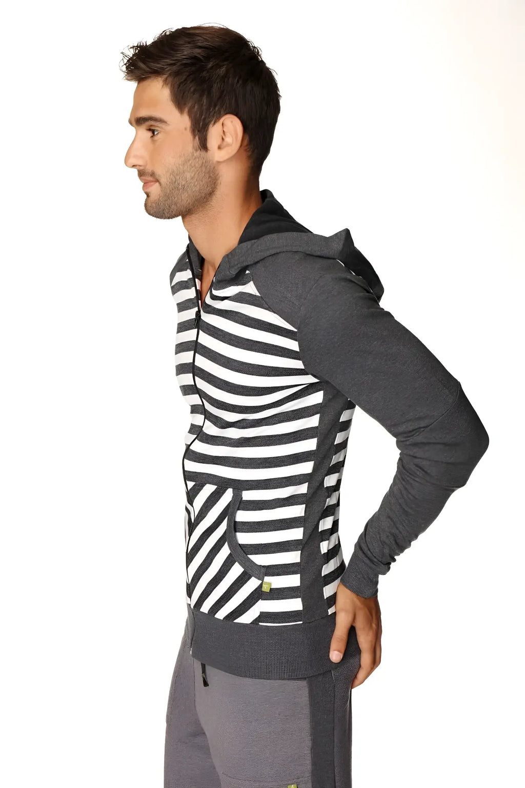 Original limited edition form-fit crossover yoga track hoodie with black and white striped front and charcoal fleece sleeves