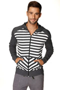Men’s original limited edition form-fit crossover yoga track fleece hoodie with charcoal stripe and black white torso pattern