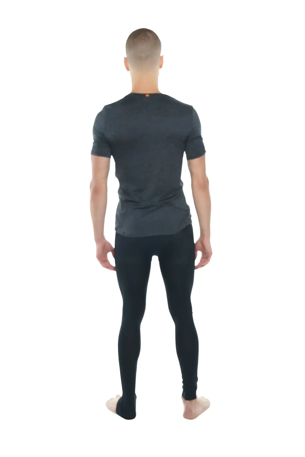 Dark gray short-sleeved athletic shirt with subtle textured pattern and orange tag perfect pocket crew-neck tee charcoal heather