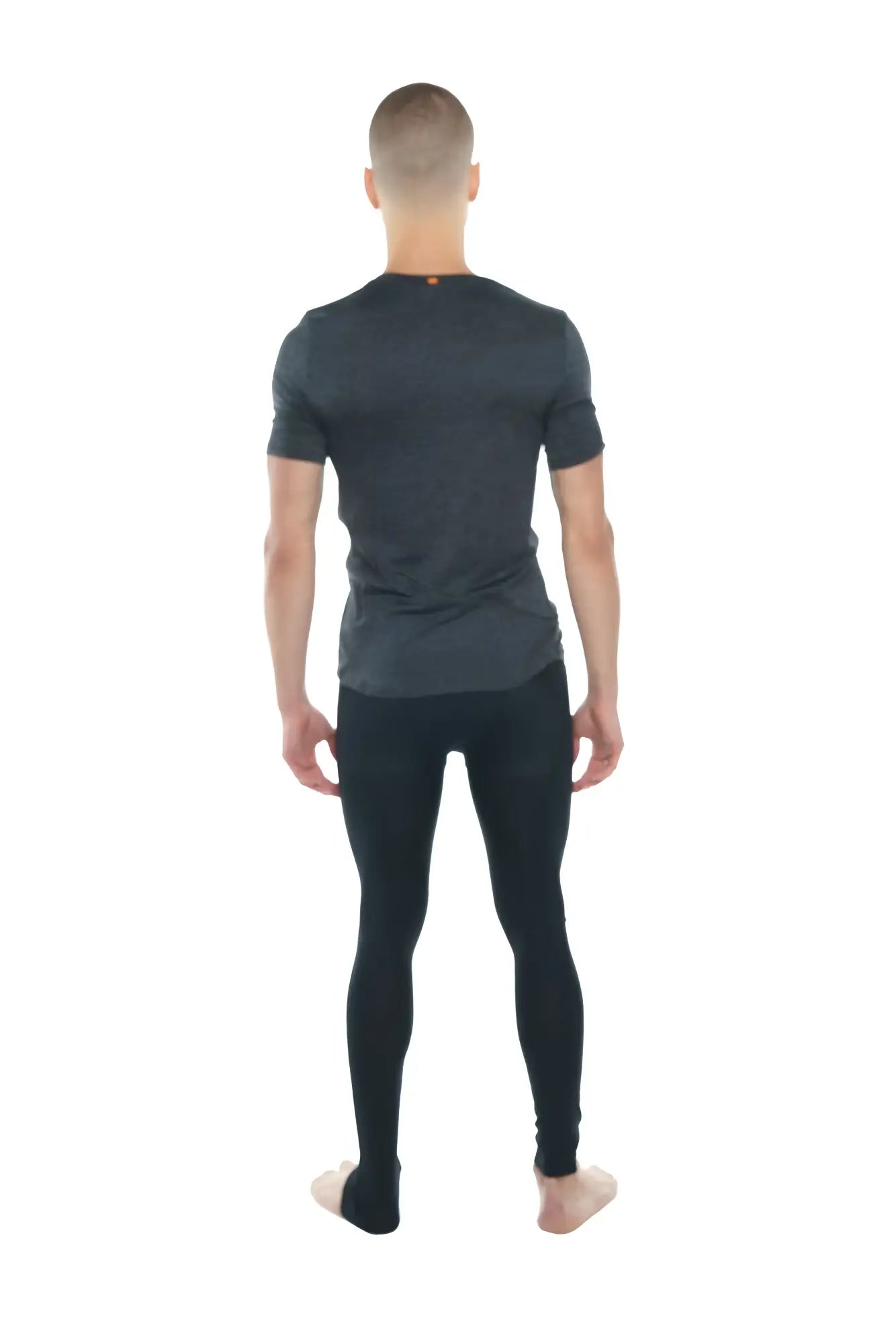 Dark gray short-sleeved athletic shirt with subtle textured pattern and orange tag perfect pocket crew-neck tee charcoal heather