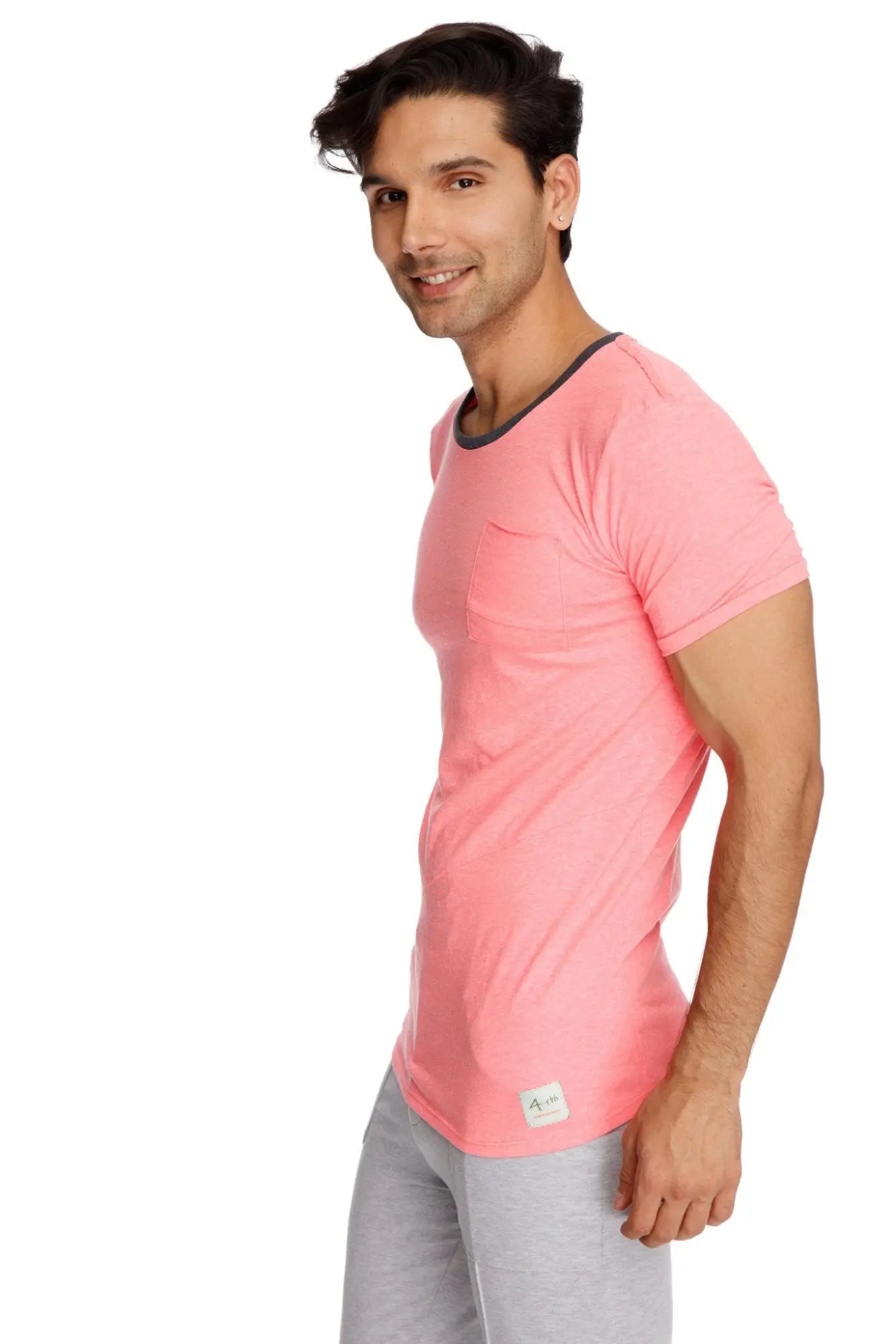 A men’s coral slub pink short-sleeved perfect pocket crew-neck tee with a black ribbed collar and small chest pocket