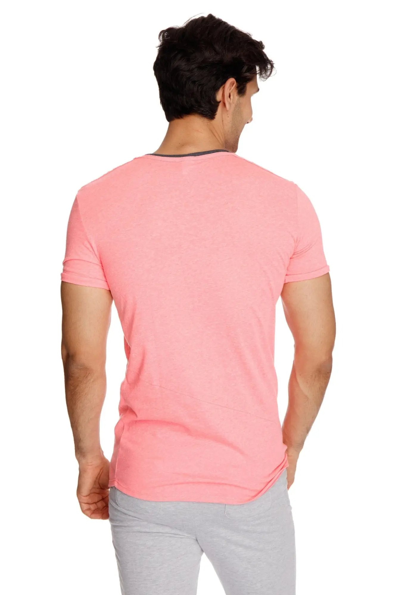 A men’s short-sleeved coral slub tee with dark gray trim on neckline and sleeves perfect pocket crew-neck style
