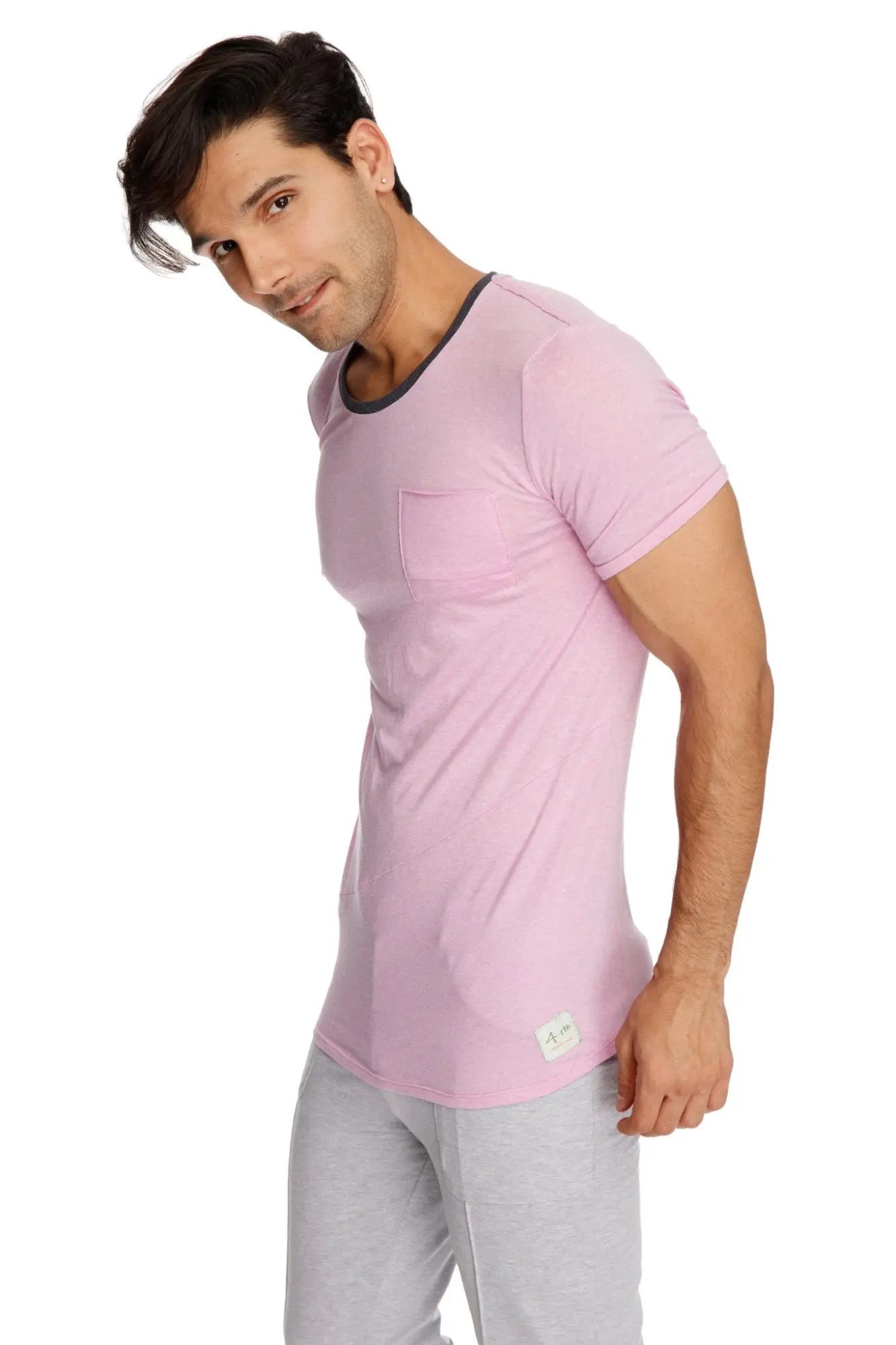A soft pink iris slub short-sleeved perfect pocket crew-neck tee with black ribbed crew neckline and single chest pocket