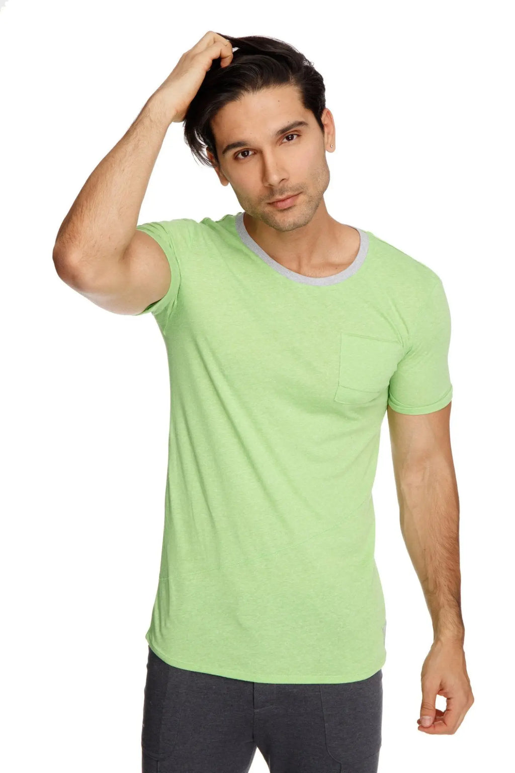 Light green perfect pocket crew-neck tee with subtle gray ribbed neckline and single chest pocket in lime slub fabric