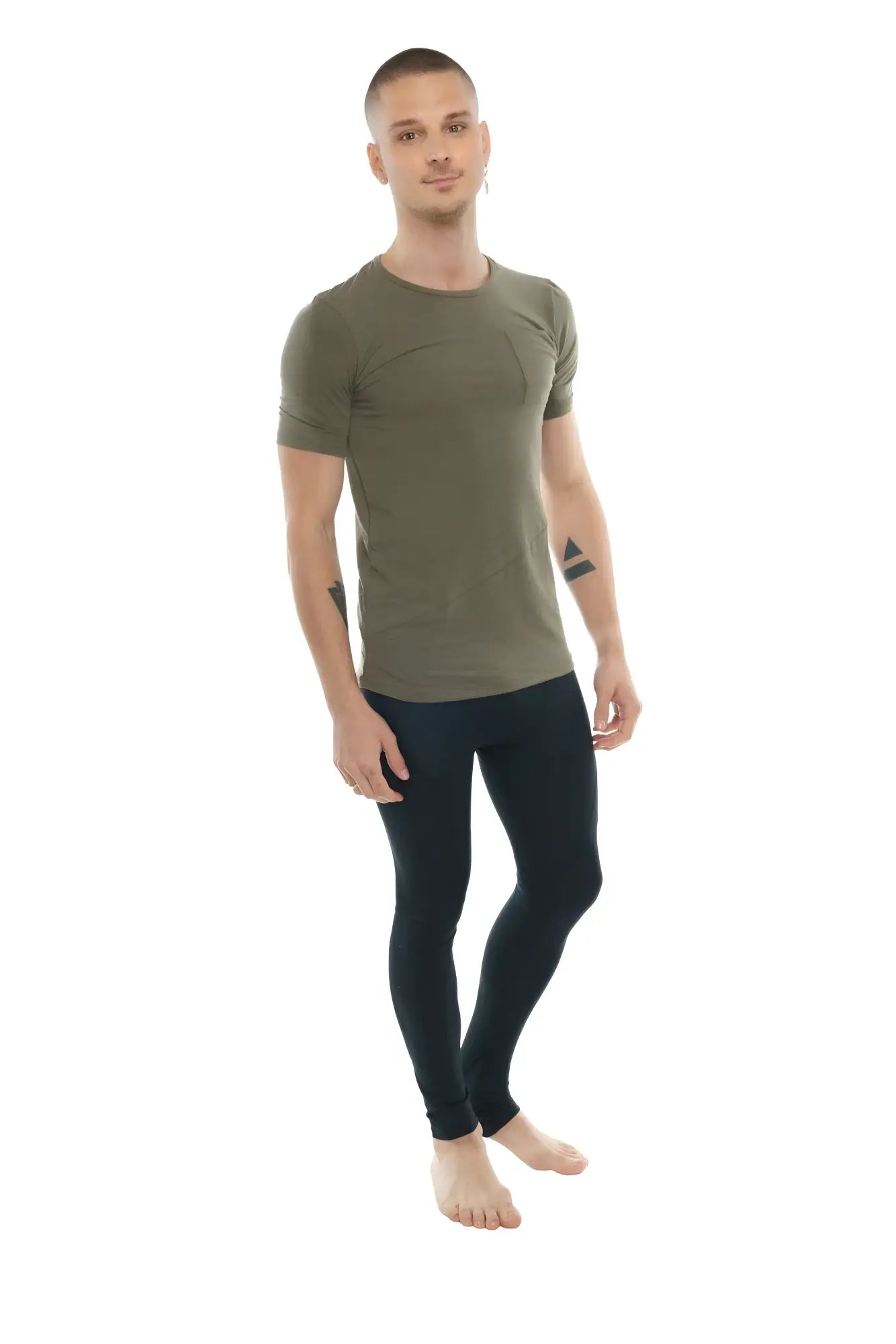 Olive green short-sleeved athletic t-shirt with subtle textured panels perfect pocket crew-neck tee front view