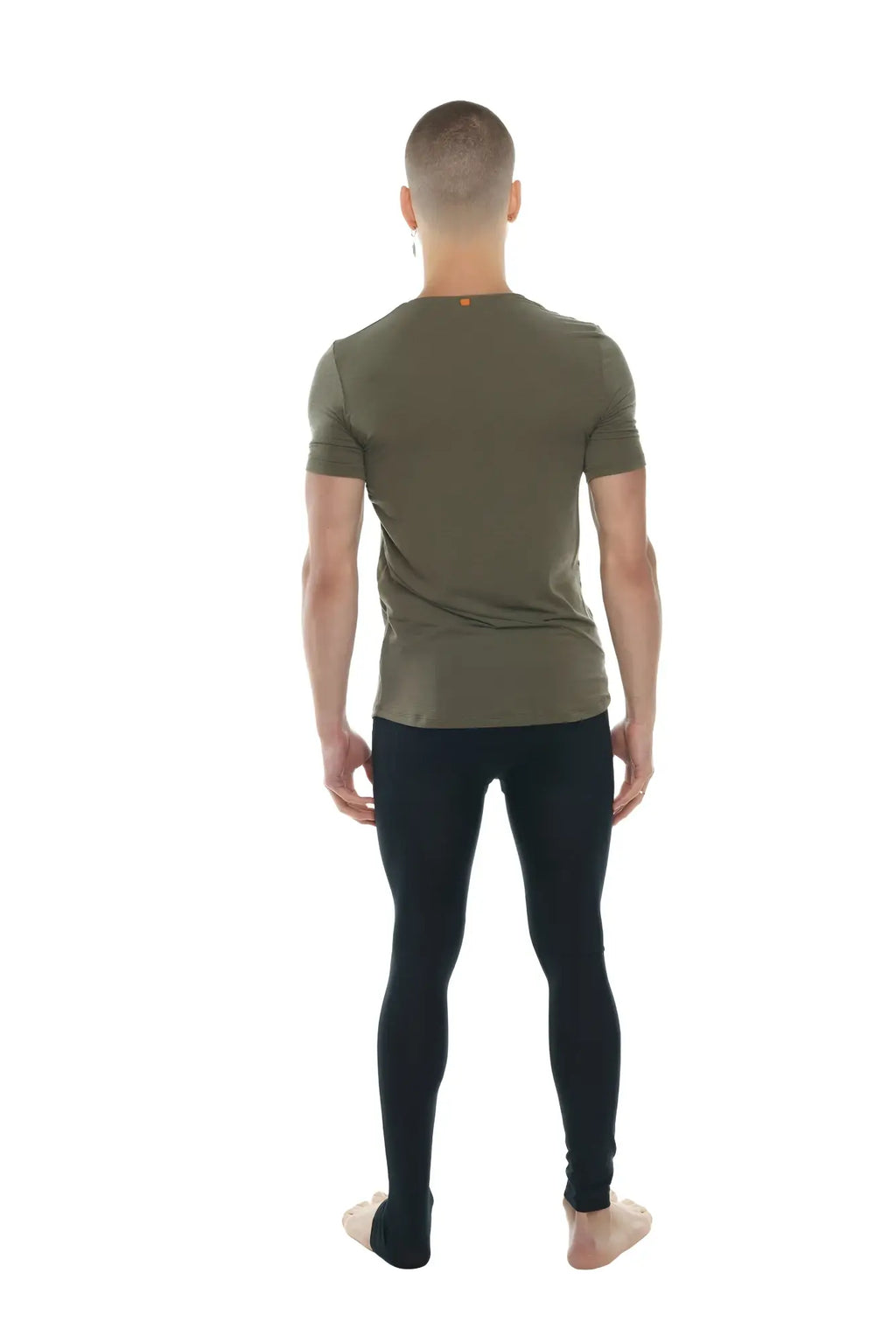 Olive green perfect pocket crew neck tee with short sleeves and a subtle orange logo at the neckline