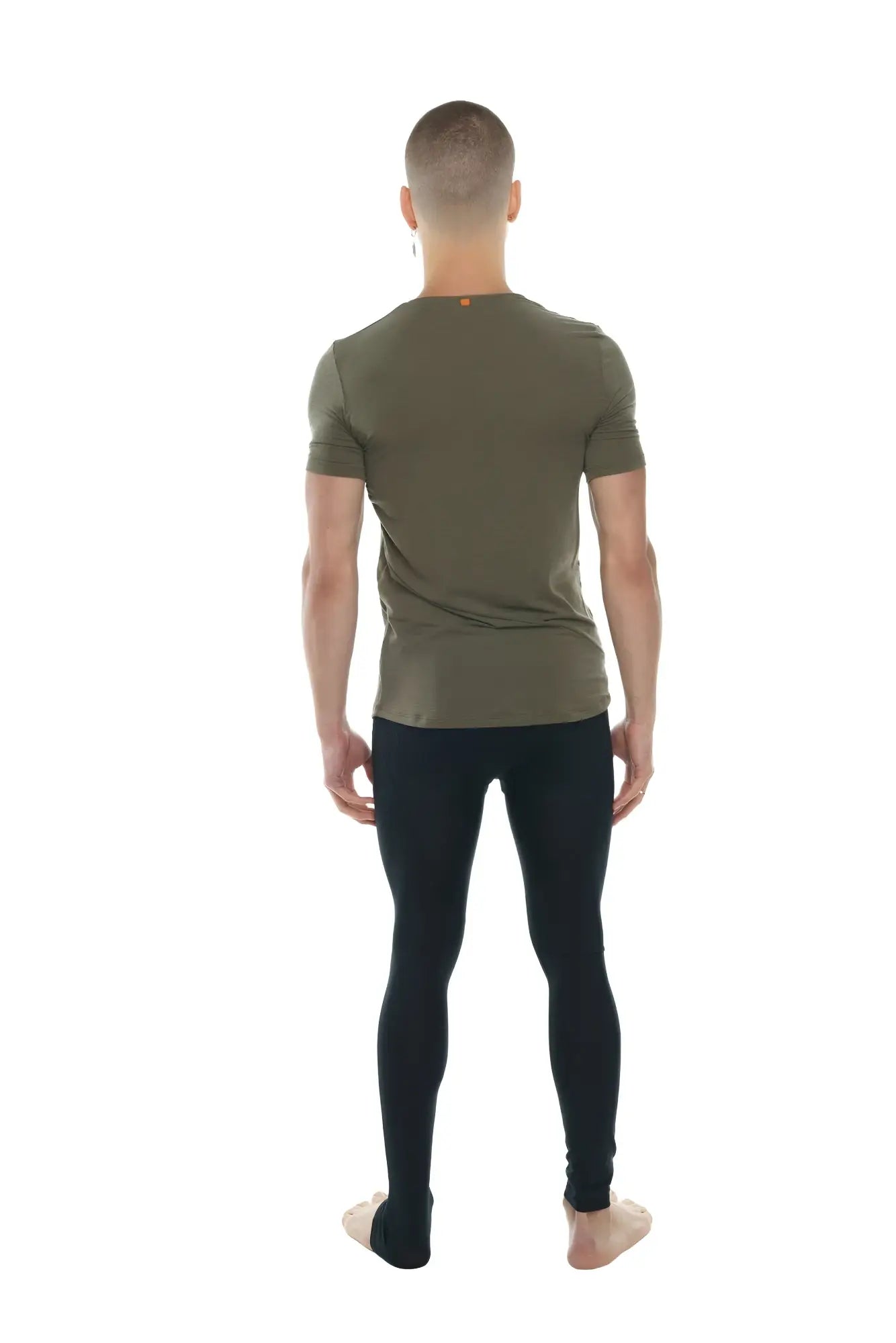 Olive green perfect pocket crew neck tee with short sleeves and a subtle orange logo at the neckline