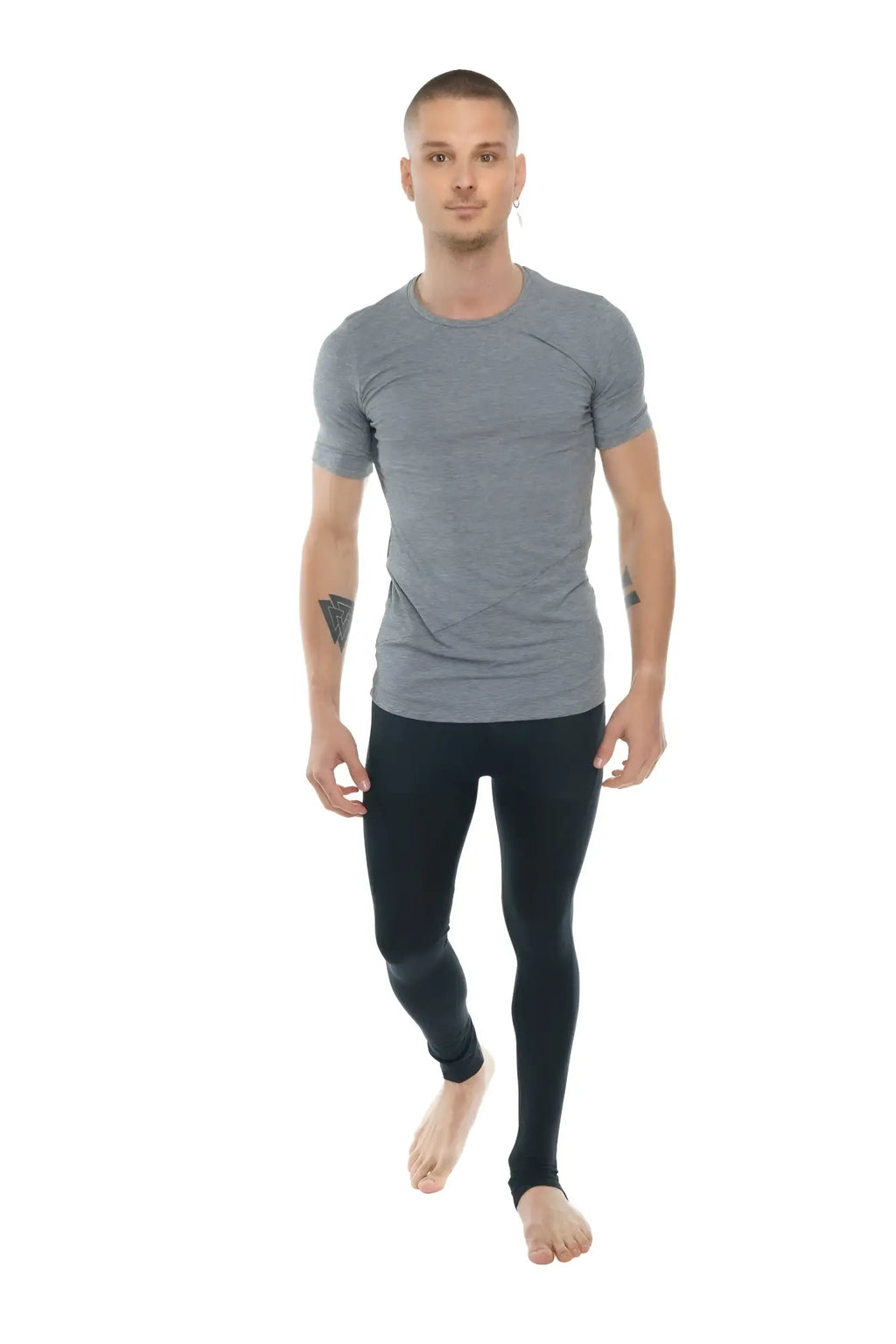 Gray short-sleeved athletic t-shirt with subtle heathered texture and ribbed crew neckline perfect for workouts