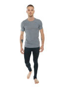Gray short-sleeved athletic t-shirt with subtle heathered texture and ribbed crew neckline perfect for workouts