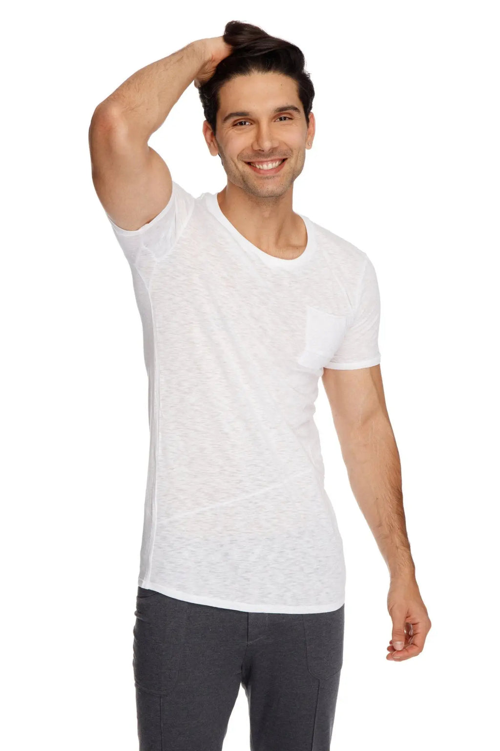 White slub cotton crew-neck t-shirt with a subtle pocket on the left chest perfect for casual wear