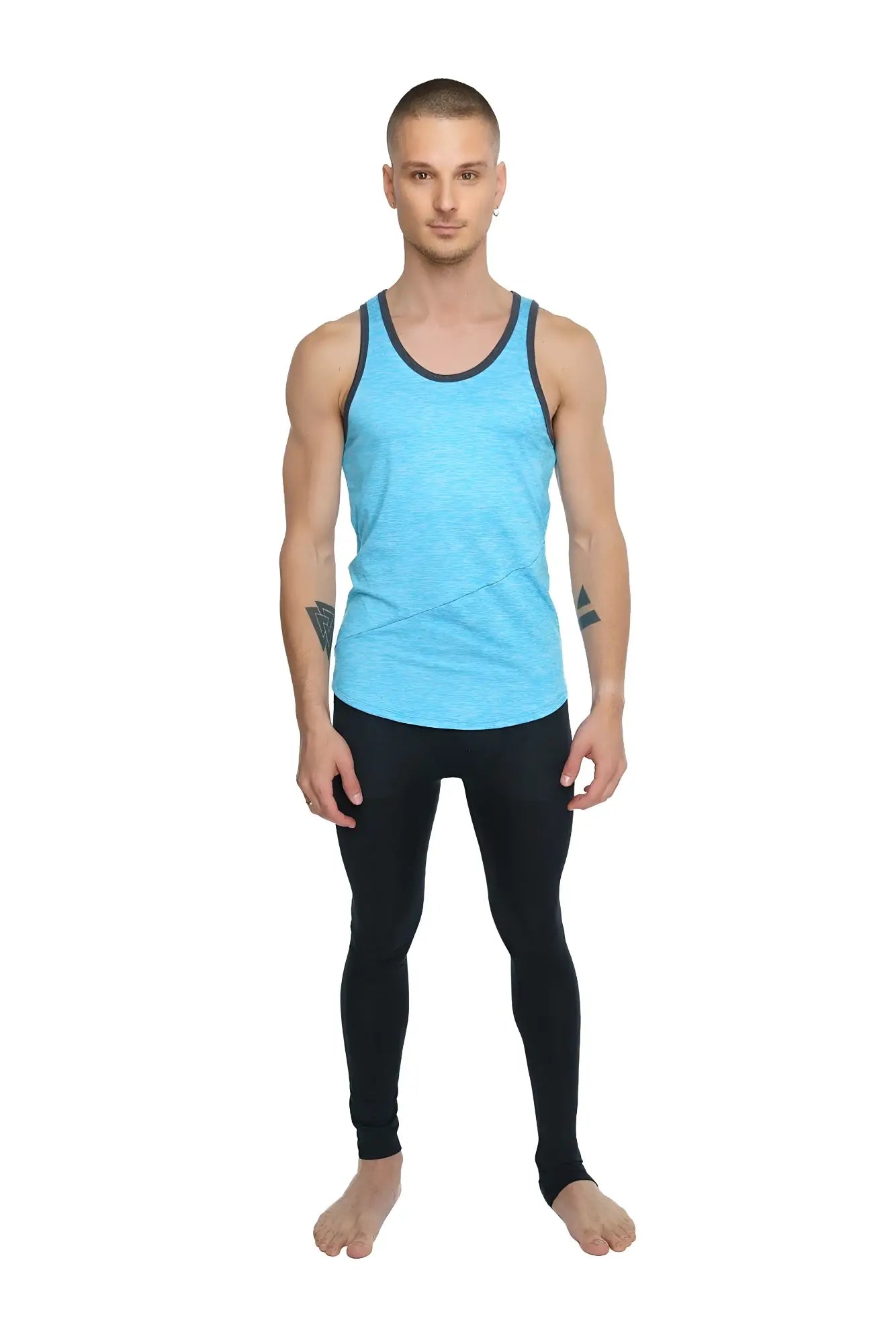 Light blue athletic tank top with black trim and subtle diagonal stitching details called The Perfect Tank aqua blue