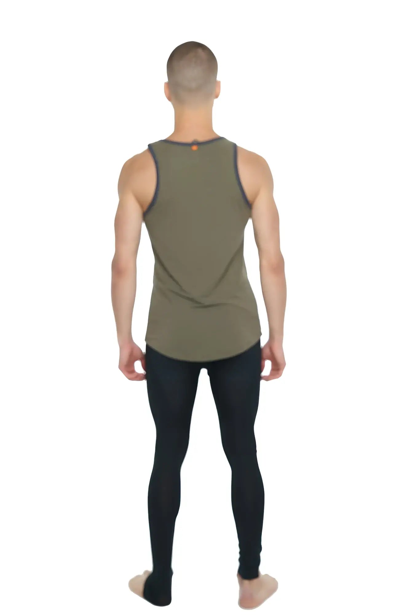 Olive green sleeveless athletic tank top with dark gray trim along neckline and armholes perfect for workouts