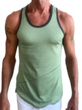 A men’s olive green tank top with black trim around neckline and armholes called the perfect tank sage green