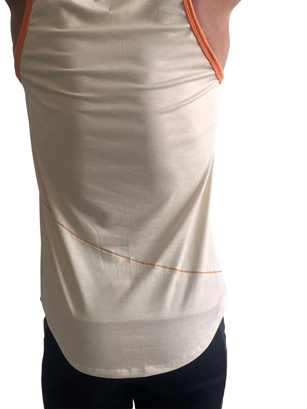 The back of The Perfect Tank sleeveless top in sand beige cream with orange trim and stitched detail