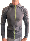 Performance premium form-fit crossover yoga track hoodie in charcoal heather with lime green zipper and front pockets
