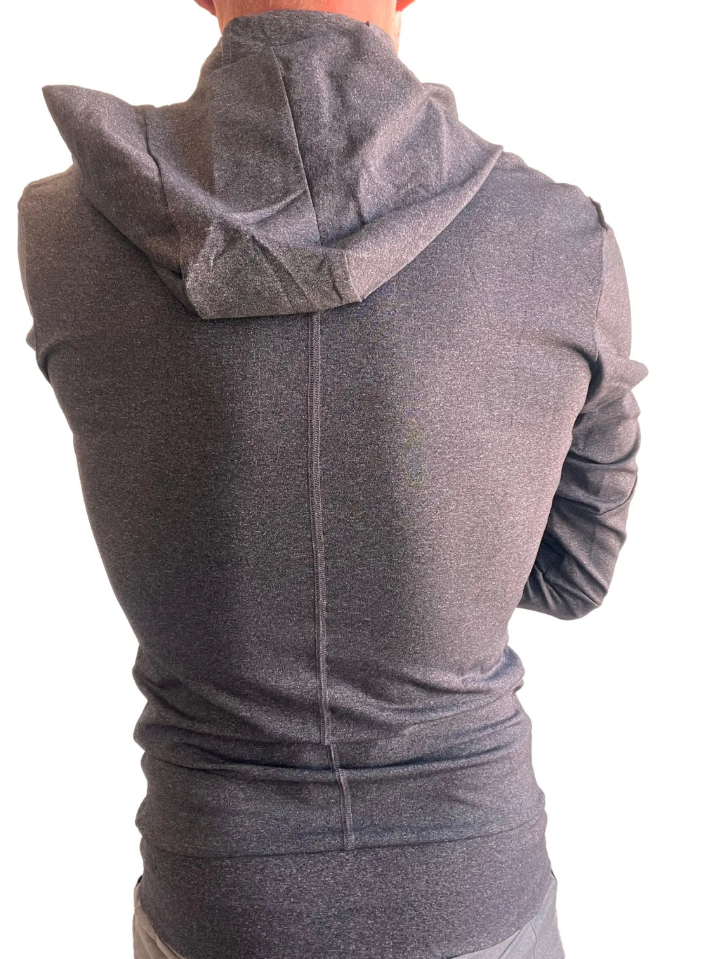 Performance premium form-fit crossover yoga track hoodie charcoal heather in dark gray textured fabric with fitted silhouette