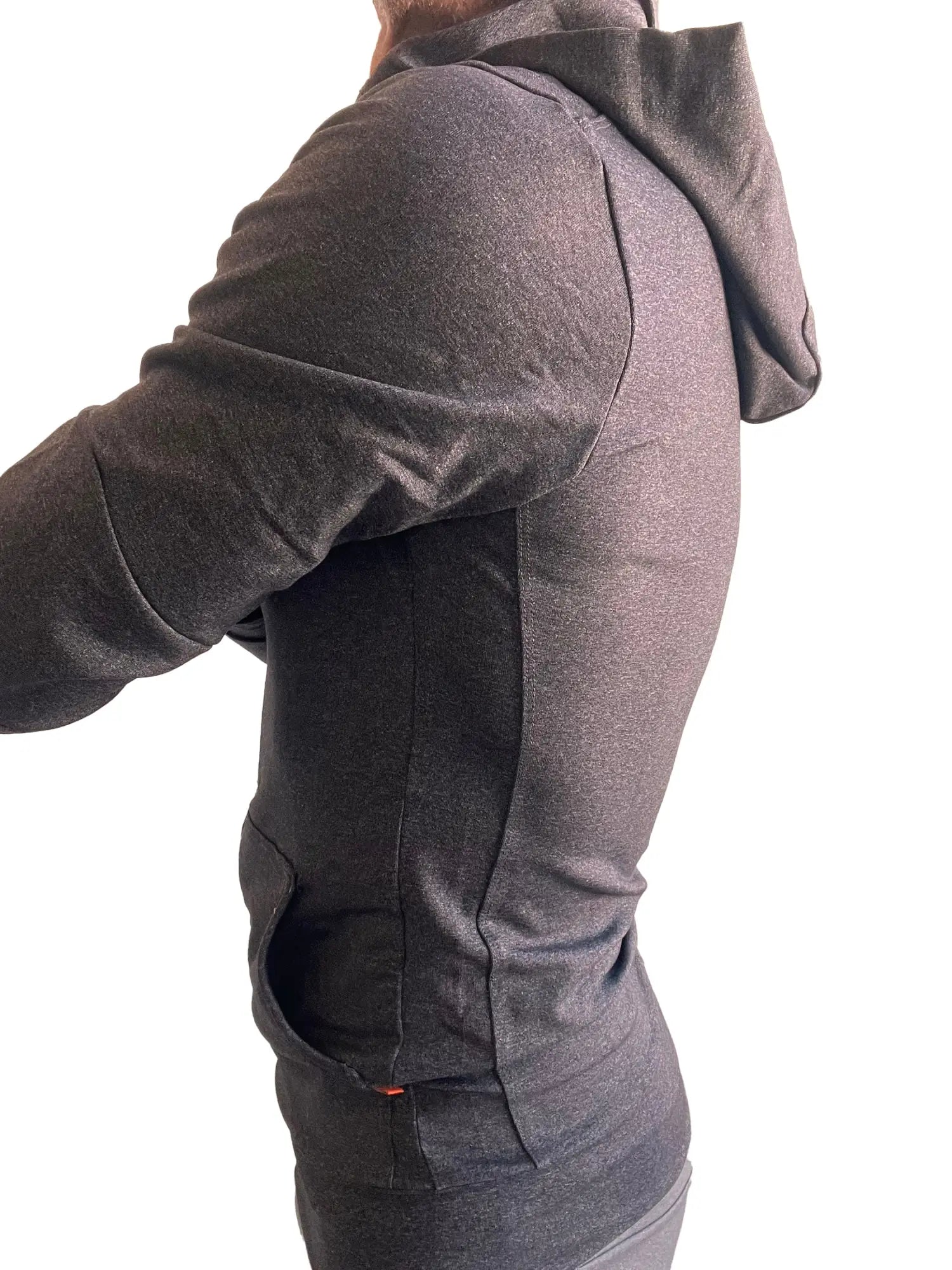 Performance premium form-fit charcoal heather hoodie with textured fabric and side pocket featuring orange zipper pull