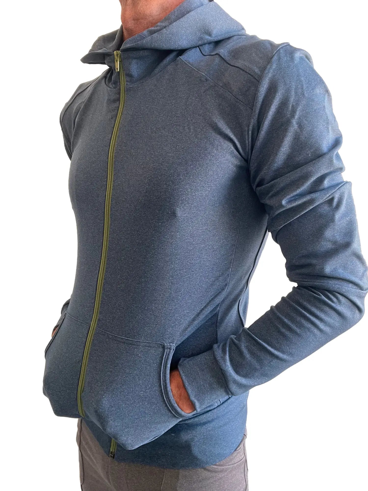 Performance premium form-fit crossover yoga track hoodie in coral blue heather with olive green zipper and ribbed cuffs