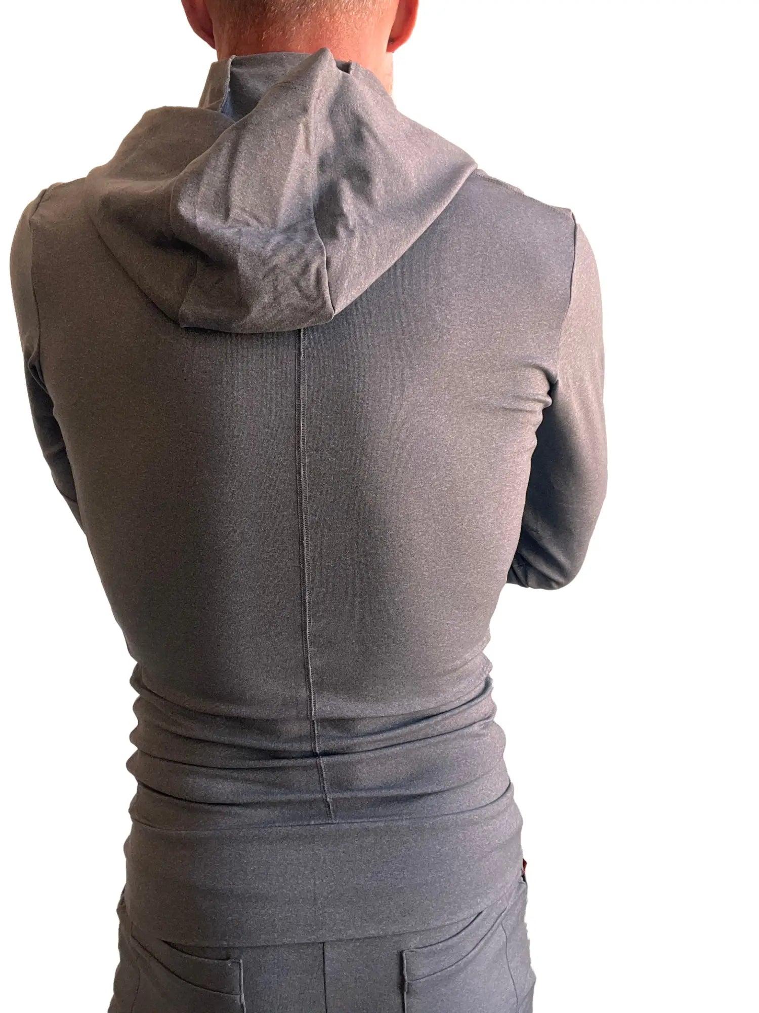 Back view of performance premium form-fit crossover yoga track hoodie sleeveless top in dark gray heather with ribbed back