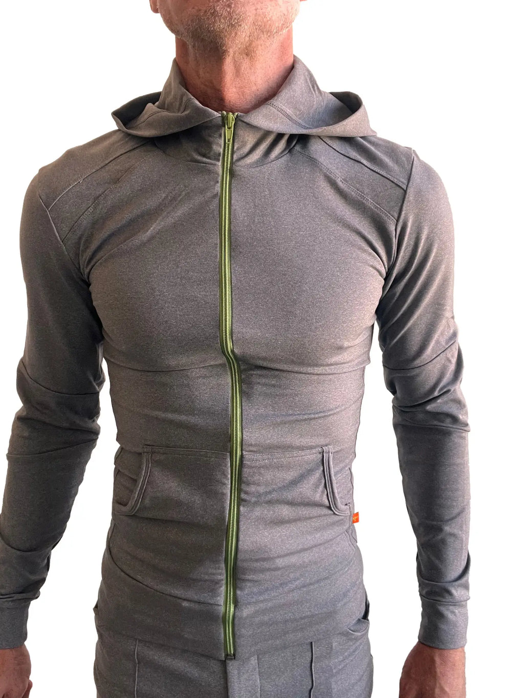 Performance premium form-fit crossover yoga track hoodie in dark gray heather with neon green zipper