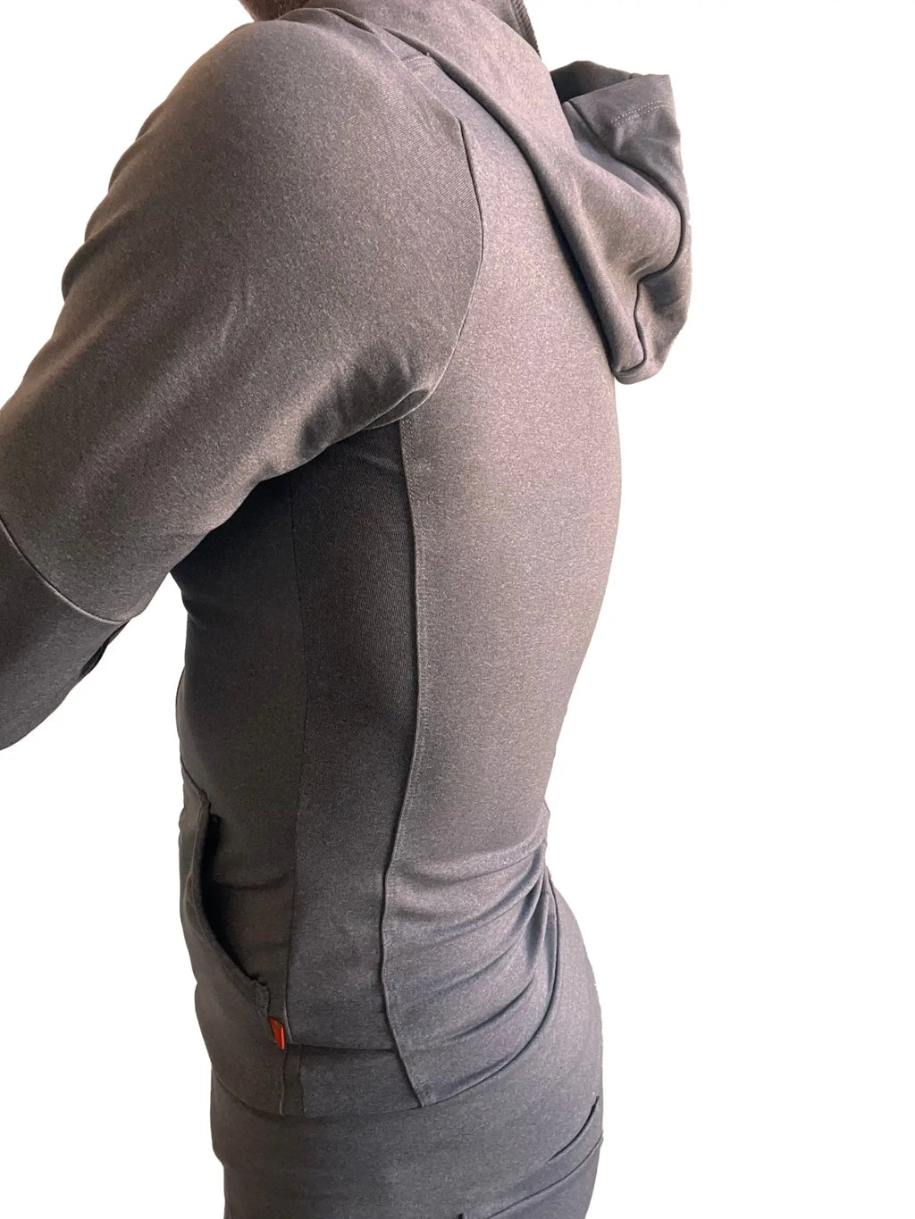 Performance premium form-fit crossover yoga track hoodie in dark gray heather with a fitted silhouette and subtle side seams