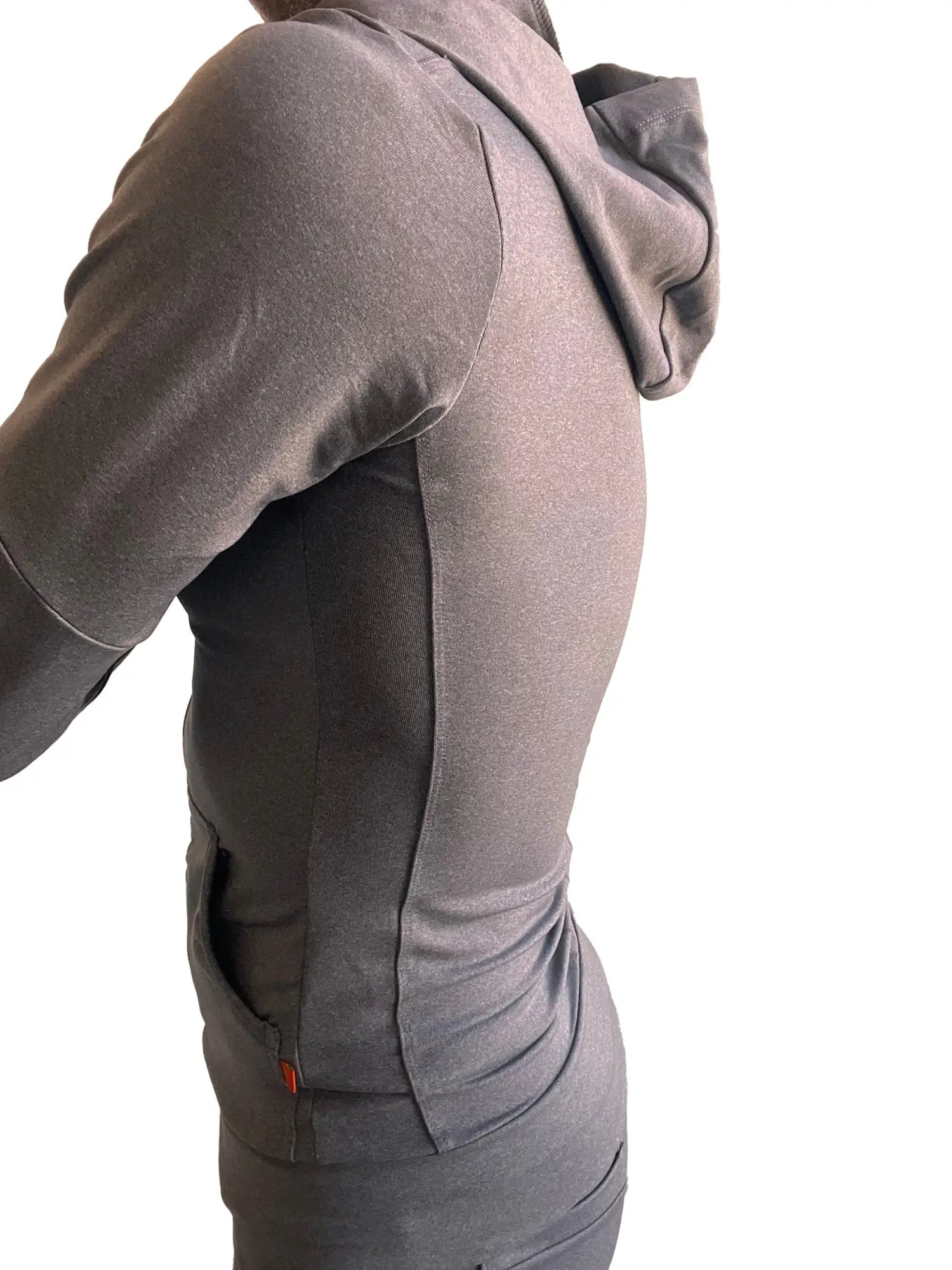 Performance premium form-fit crossover yoga track hoodie in dark gray heather with a fitted silhouette and subtle side seams