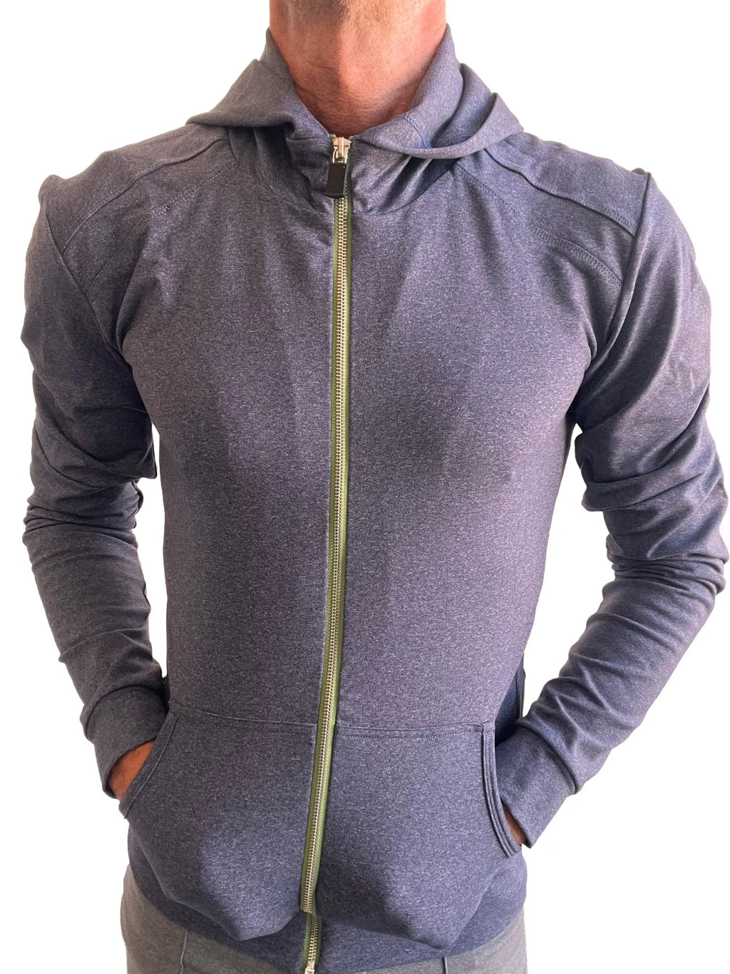 Performance premium form-fit crossover yoga track hoodie in dark heather gray with olive green zipper and front pockets