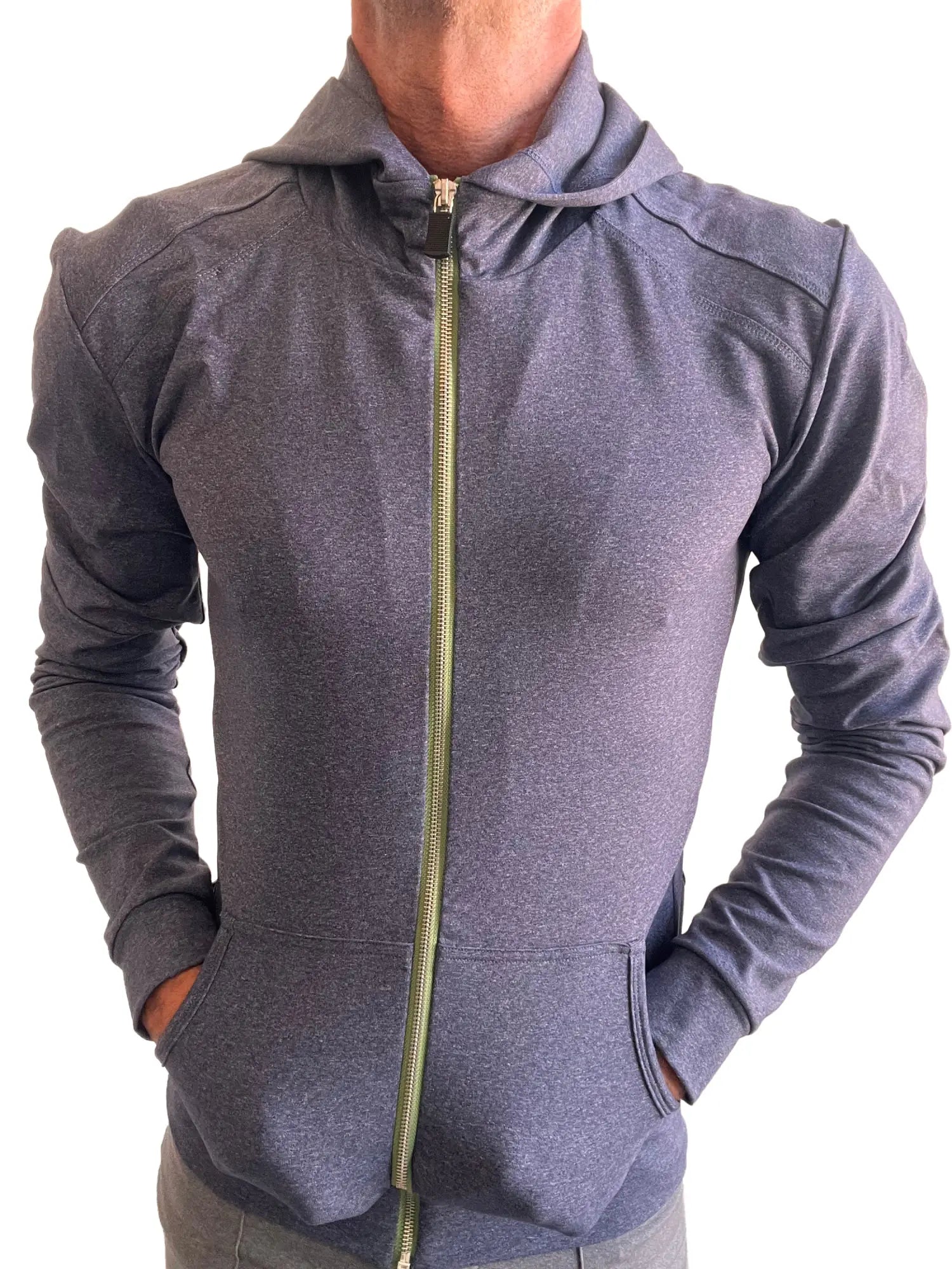 Performance premium form-fit crossover yoga track hoodie in dark heather gray with olive green zipper and front pockets