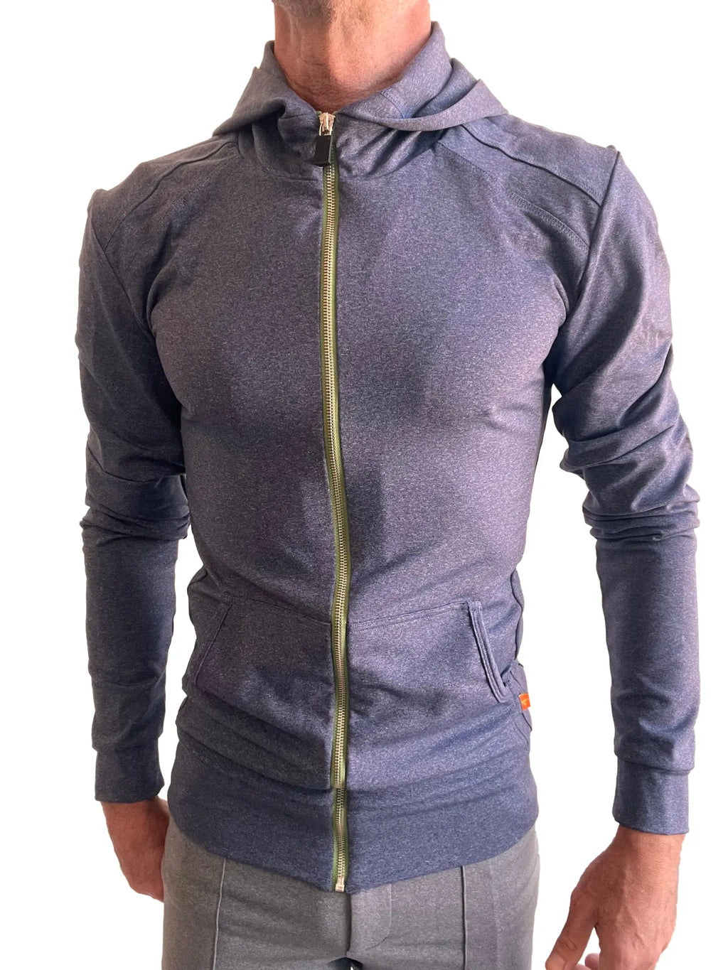 Performance premium form-fit crossover yoga track hoodie navy blue heather with gold zipper and orange pocket branding