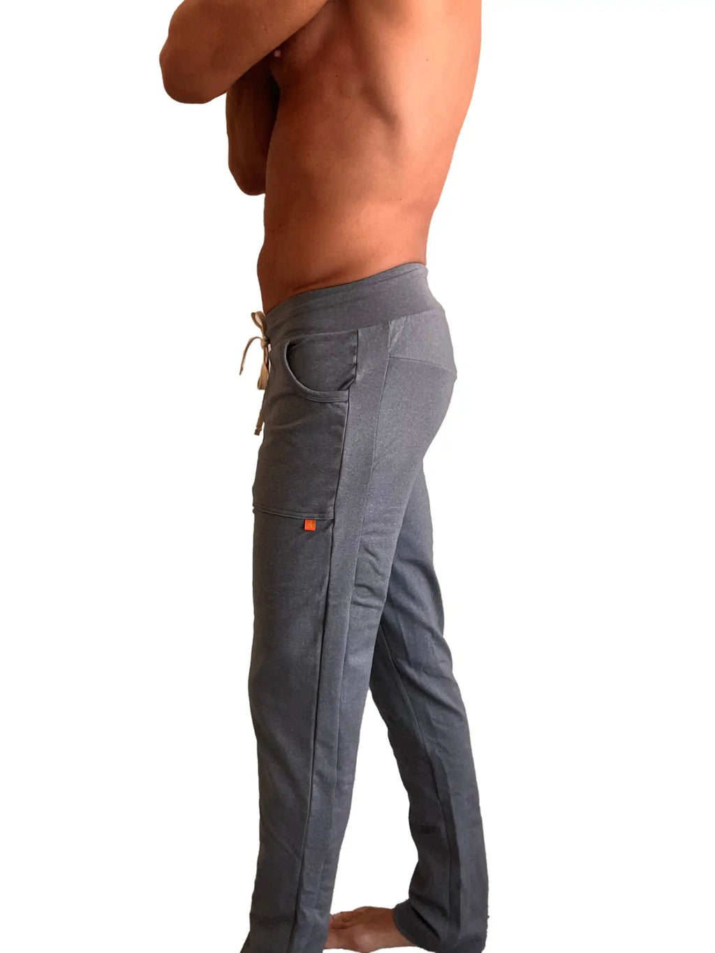 Performance premium long cuffed jogger in dark gray heather with drawstring waistband and multiple pockets featuring orange tag