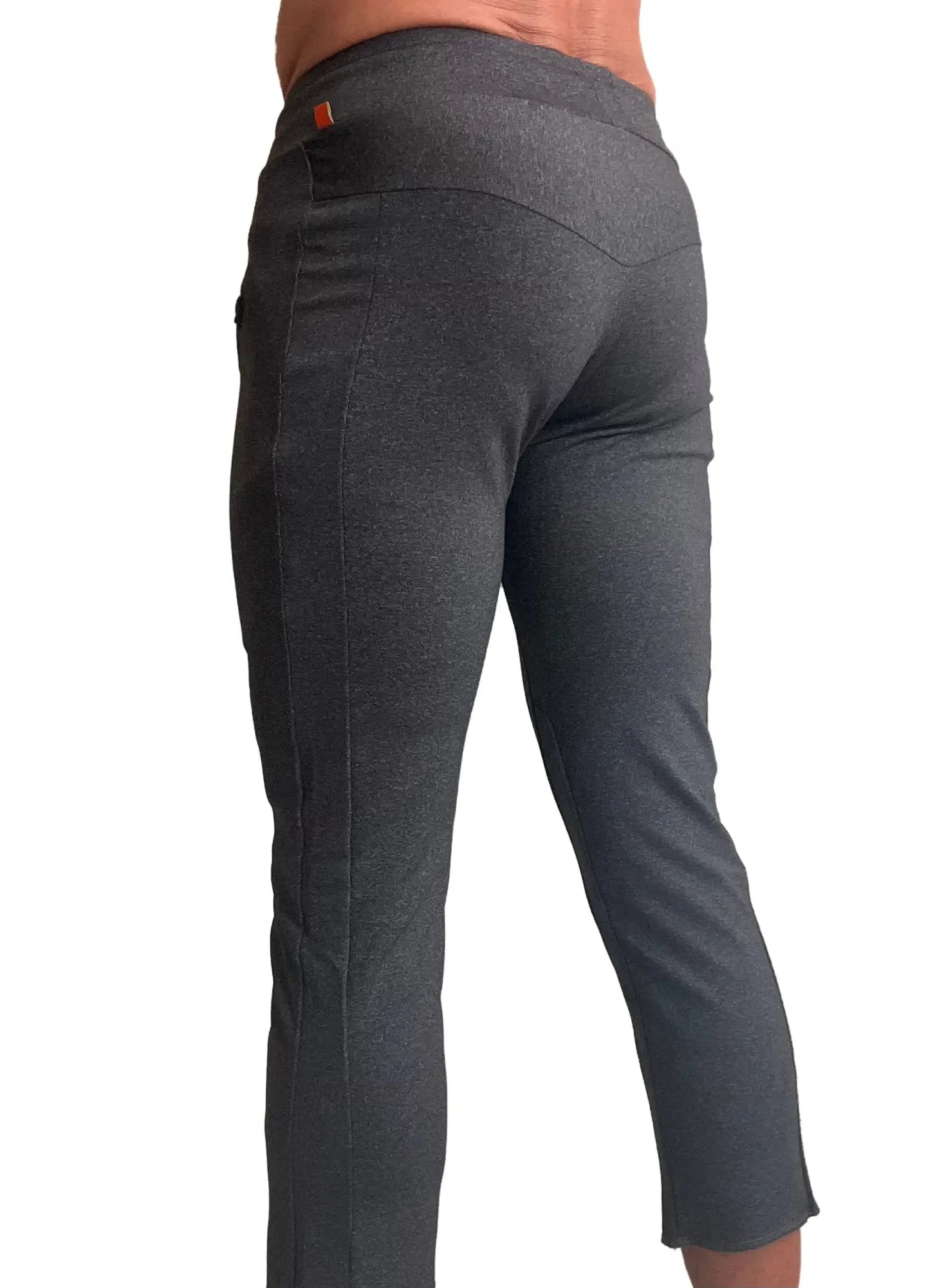 Performance premium mens charcoal heather snug fit fabric leggings with an orange brand tag at the waistband