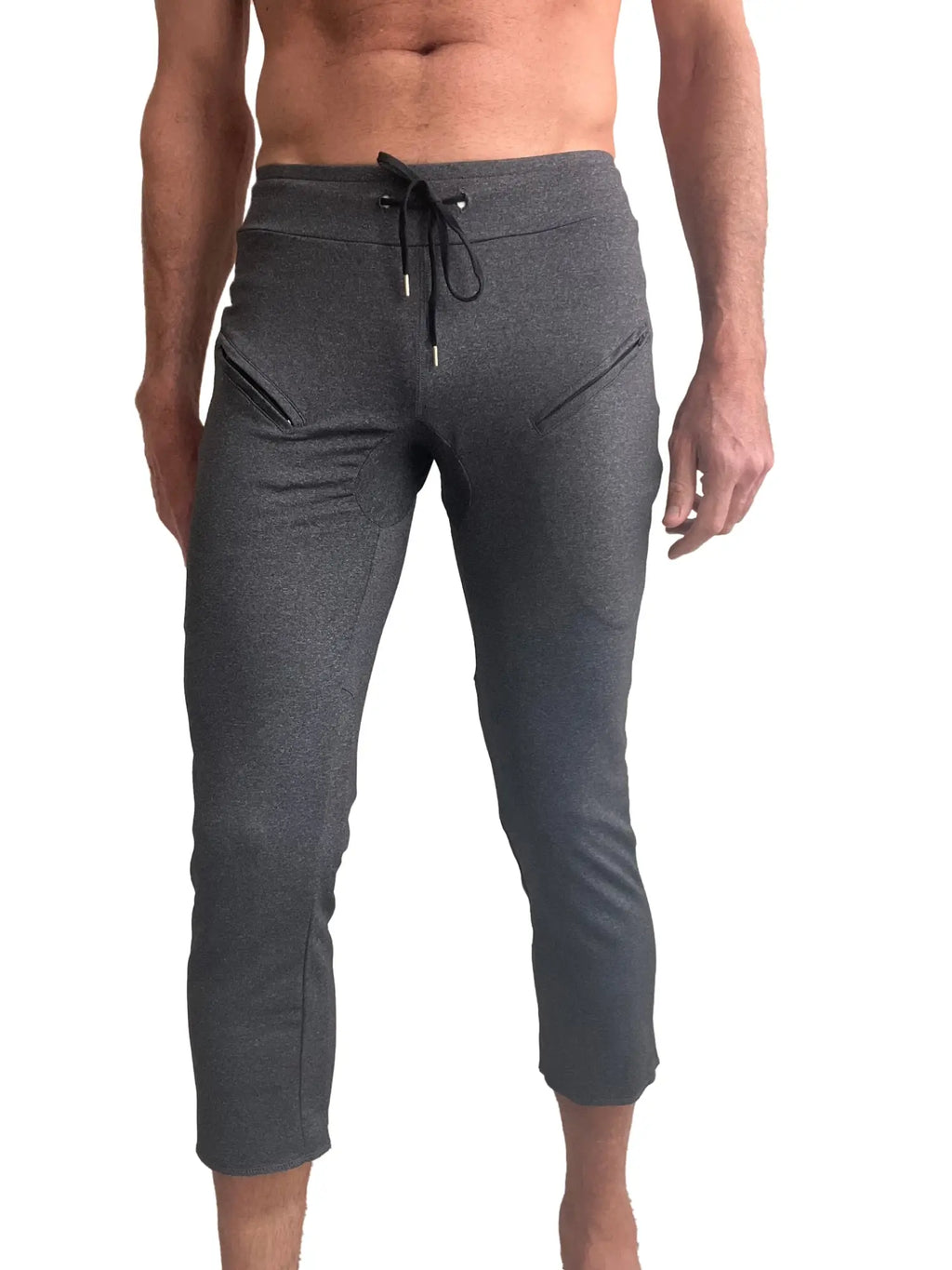 Performance premium mens charcoal heather capri yoga pants with gray heathered jogger style and black drawstring waistband
