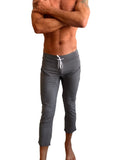 Performance premium mens dark grey heather athletic capri yoga pants with white drawstring waistband and side pockets