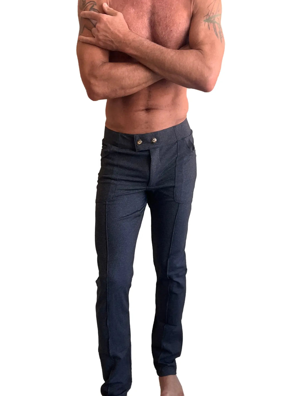 Dark blue denim performance premium tactical urban dress pant with tailored fit and buttoned waistband in charcoal heather