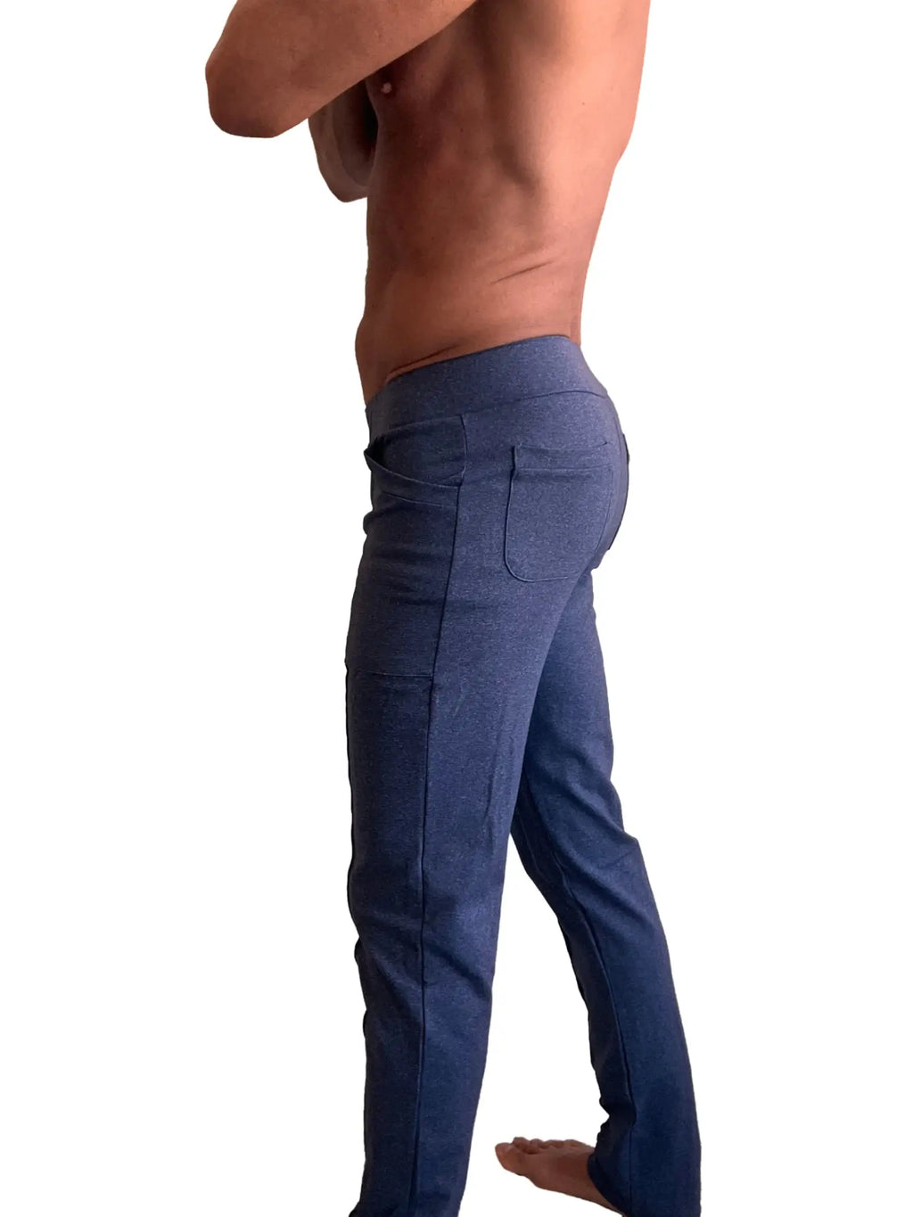 Performance premium tactical urban dress pant yoga pant in navy blue heather with relaxed fit denim and multiple pockets
