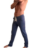 Performance-premium track and lounge sweat pant in navy blue heather with cream drawstring and side pockets for athletic wear