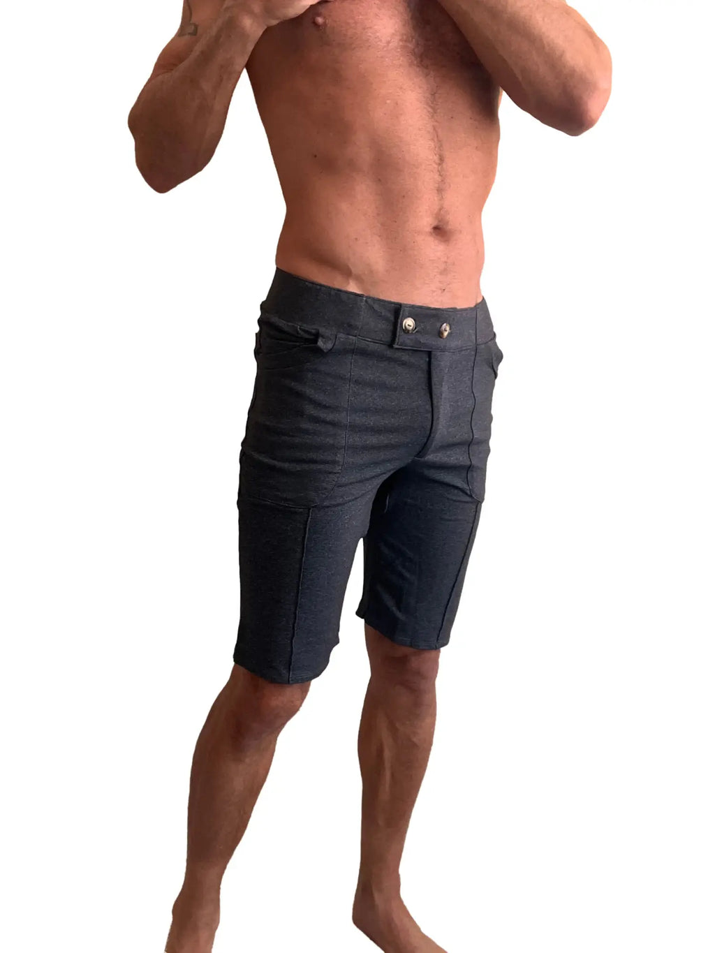 Dark gray durable fabric performance premium urban tactical dress shorts with modern tailored fit and subtle stitching details